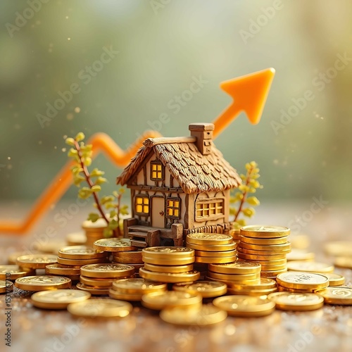 Miniature house next to stacked golden coins and upward trending arrow in flat style — concept of home value growth, real estate investment, mortgage success, and property market financial gain

