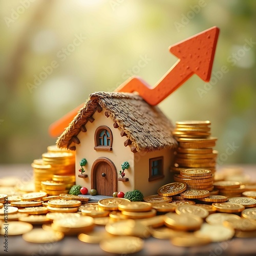 Miniature house next to stacked golden coins and upward trending arrow in flat style — concept of home value growth, real estate investment, mortgage success, and property market financial gain

