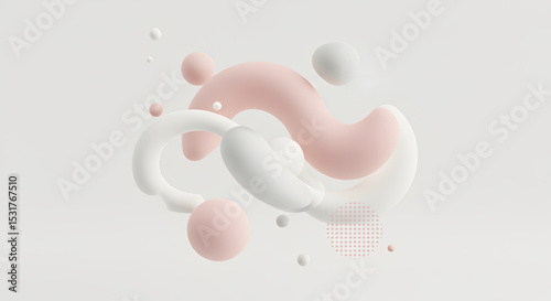 An abstract rendering of pink and white spheres floating artistically on a pale background.
