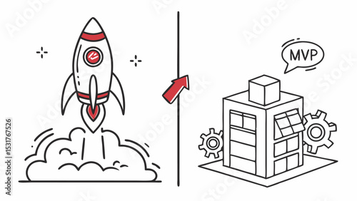 Illustration showing a rocket taking off transitioning into a building with mvp in a speech bubble design 100