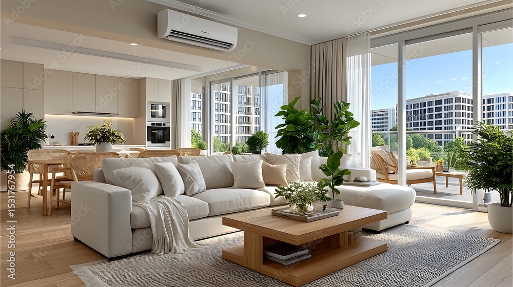 Fototapeta premium Bright luxury apartment interior with white sofa high resolution photo
