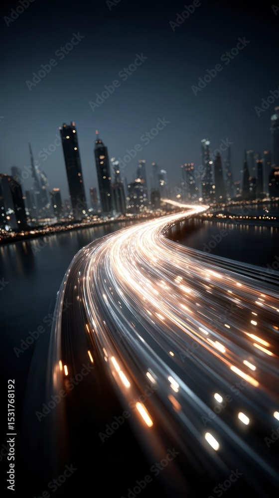 Fototapeta premium Futuristic City Nightscape Glowing Light Trails on Highway