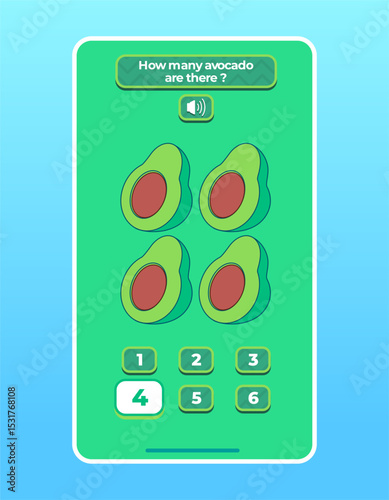 Counting apps for kids education math count avocados mobile apps smartphone application user interface for children colorful design UI