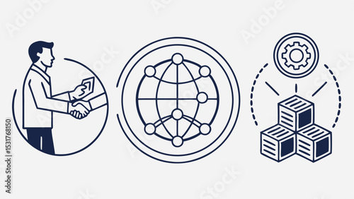 Illustration of business handshake, global network, and gear above stacked boxes in line art style