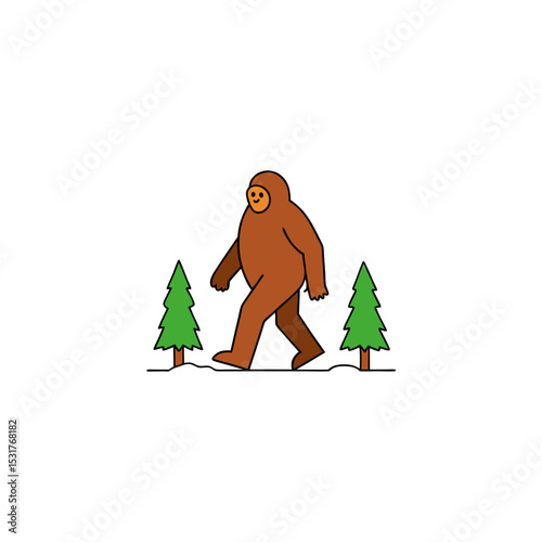 cartoon bigfoot walking in forest on white 