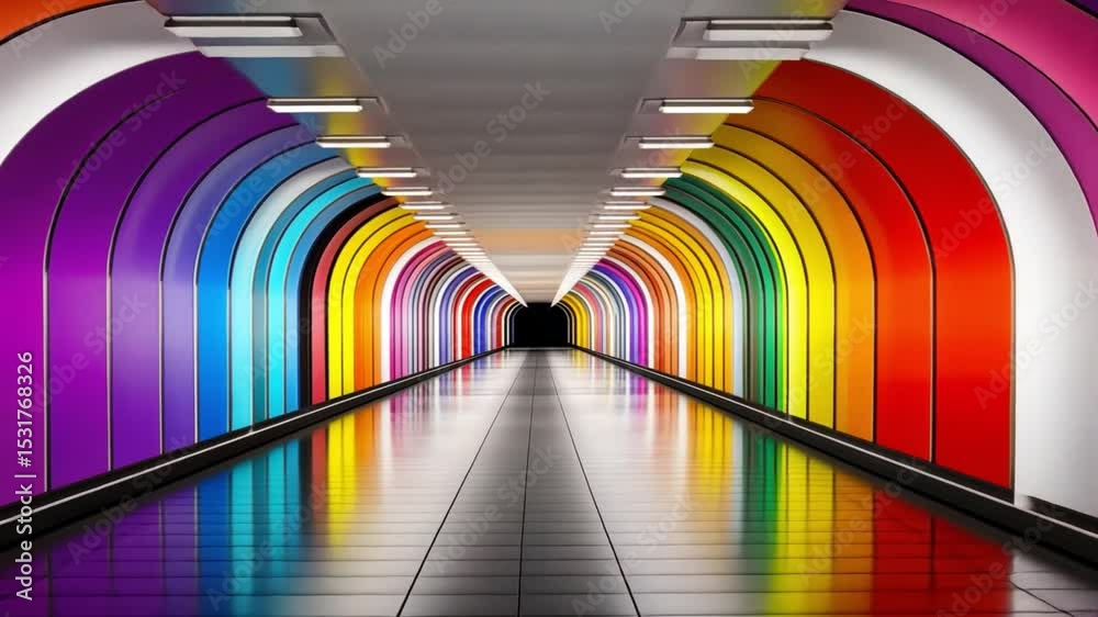 Vibrant Multicolored Archway in a Modern Underground Tunnel with Reflected Lights and Symmetrical Patterns