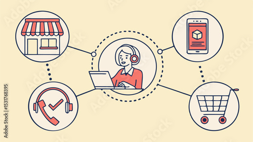 Illustration of a customer service representative connecting with online store, mobile app, and shopping cart
