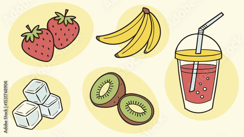Illustration of strawberries bananas kiwi ice cubes and a drink with a straw on a yellow background