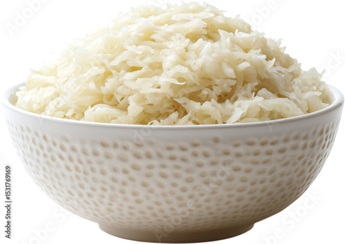 Shredded sauerkraut cabbage in decorative bowl on a transparent background
