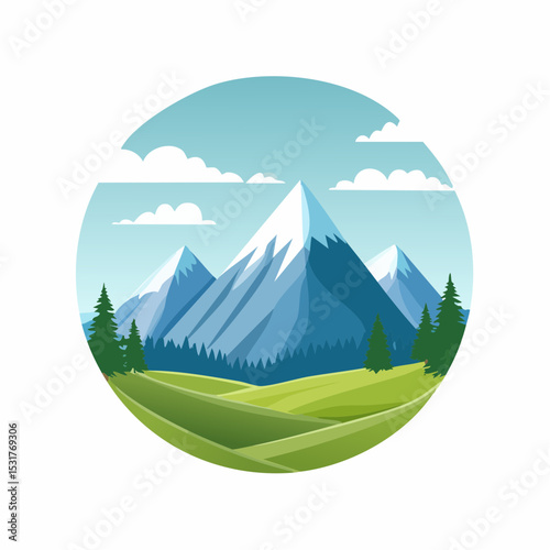 Majestic Mountain Landscape Serene Peaks, Lush Meadows, and a Clear Blue Sky - Breathtaking Nature Illustration