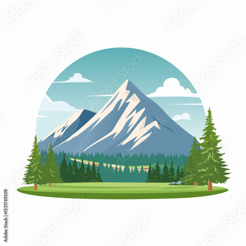 Majestic Mountain Peak Landscape Illustration Serene Nature Scene with Snow-Capped Summit, Evergreen Trees, and Lush Green Valley