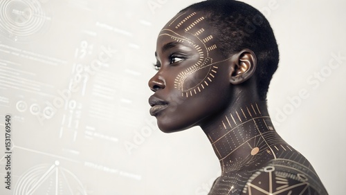 Futuristic portrait of a person integrating data visualization motifs into skin on a minimal backdrop—a sleek blend of human identity and data-driven style. photo