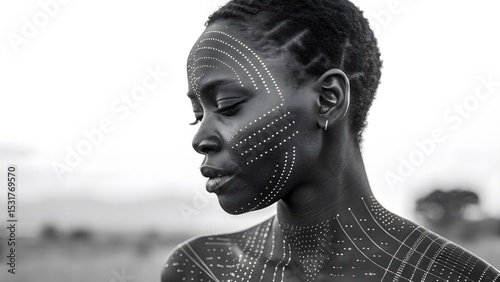 Futuristic portrait of a person integrating data visualization motifs into skin on a minimal backdrop—a sleek blend of human identity and data-driven style. photo