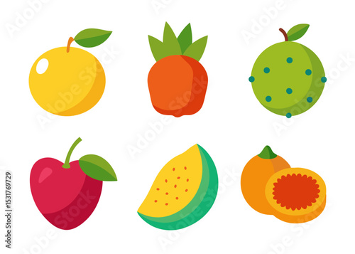 Colorful flat lay fruit icons set illustration