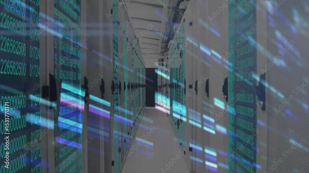 Turquoise code starting scrolling over server corridor and camera moving forward showing data flow