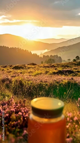 Golden honey jar sits amid field of small purple flowers with soft sunset glow highlighting mountain range