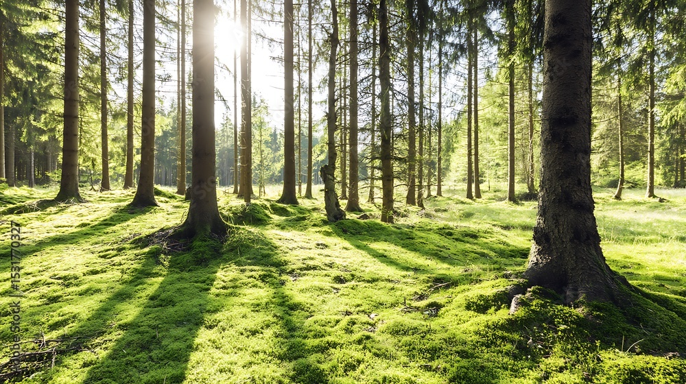 Fototapeta premium Sunlight piercing through the green forest