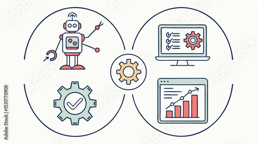 Illustration showing automation process with robot, computer, gear and check mark in the design layout