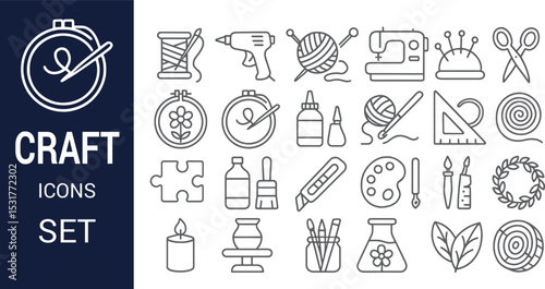 Craft Icons Set Embroidery, Knitting, Sewing, and More