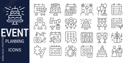Event Planning Icons  A Comprehensive Collection of Line Art Graphics for Celebration and Party Design