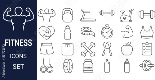 Fitness Icons Set Workout, Gym, Exercise, and Strength Training Line Art Graphics