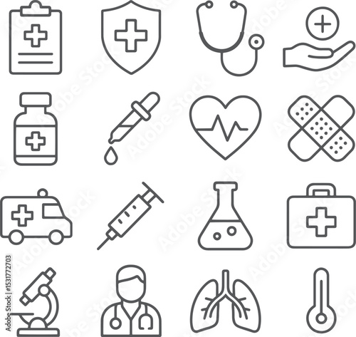 Medical Icons Healthcare, Medicine, and First Aid Line Art Graphics
