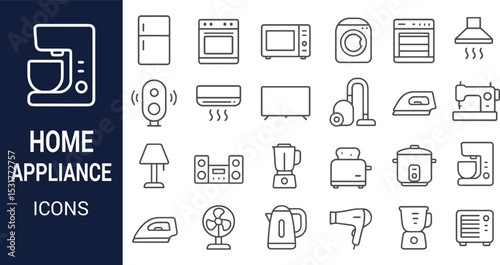 Collection of Home Appliance Icons Refrigerator, Oven, Microwave, Washing Machine, Blender & More