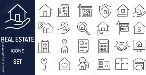 Comprehensive Real Estate Icon Set Houses, Buildings, and More