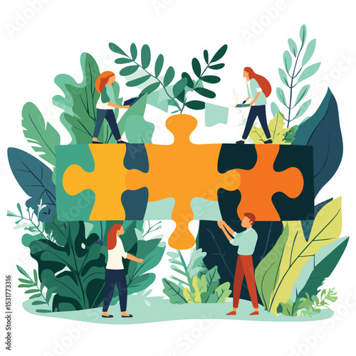 Team collaboration, puzzle solution, office, background plants, teamwork, vector style simple color