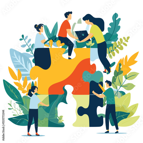 Team collaboration, puzzle solution, office, background plants, teamwork, vector style simple color