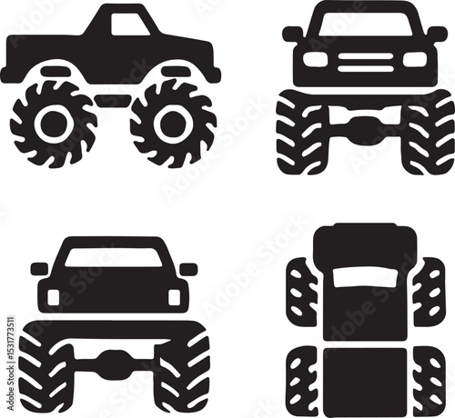 Monster truck silhouette icons set side, front, back, and top views vector art illustration.