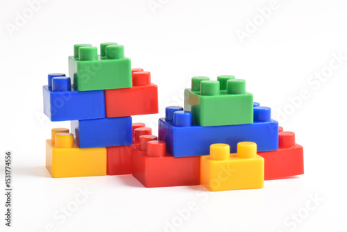 Colorful Plastic toy blocks isolated on white background. Building Blocks
