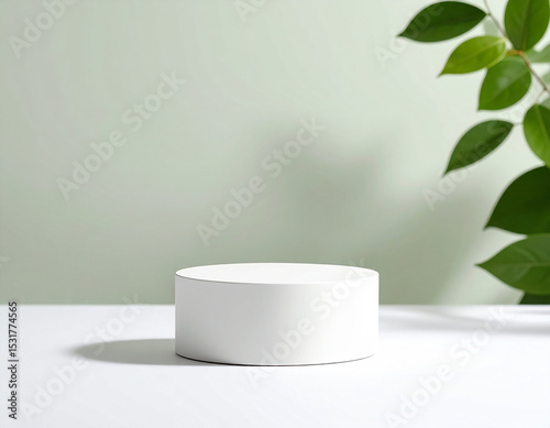 White cylindrical pedestal with green background