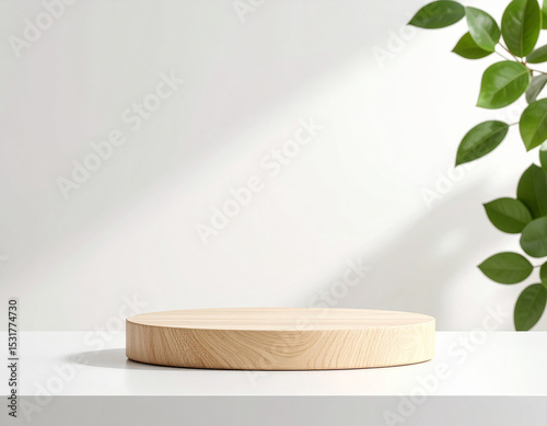 Round wooden platform with green leaves in sunlight