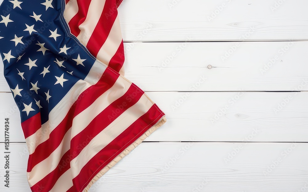 Obraz premium A worn American flag drapes over a wooden surface.