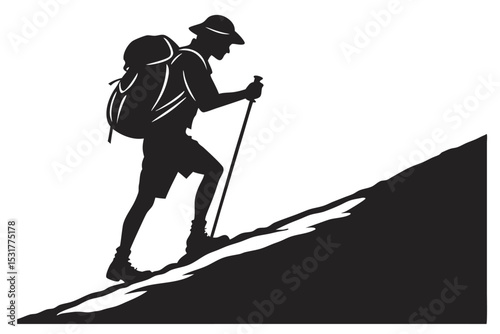 Silhouette of a hiker climbing a mountain with a backpack and trekking poles