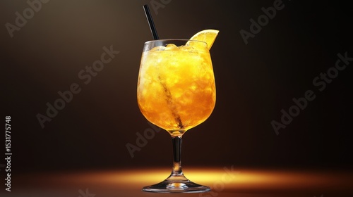 A refreshing Aperol Spritz cocktail in a stemmed glass, filled with ice and garnished with an orange slice and a straw, illuminated by warm light.