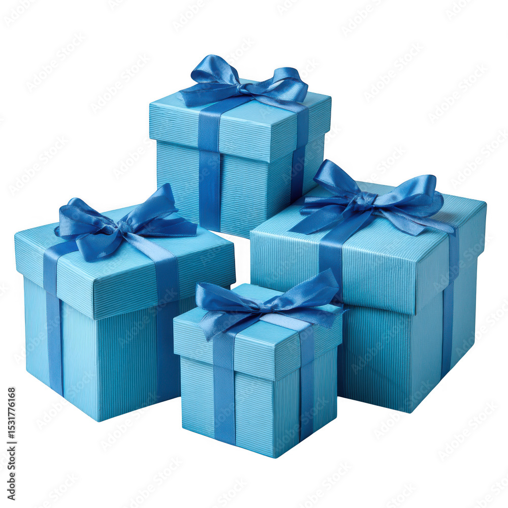 Fototapeta premium Four blue gift boxes with ribbons isolated on transparent background