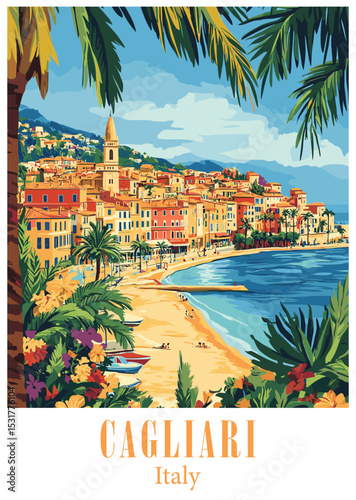 Cagliari Italy Vector Illustration. Coastal Cityscape with Beach and Palm Trees.