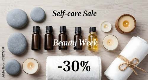Self-care sale with essential oils, candles, and wellness items on wood  