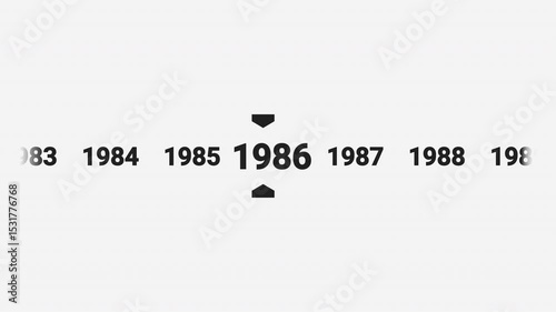 Horizontal timeline animation scrolling smoothly to the year 1986. Ideal for history documentaries, educational videos, or year-based content.
