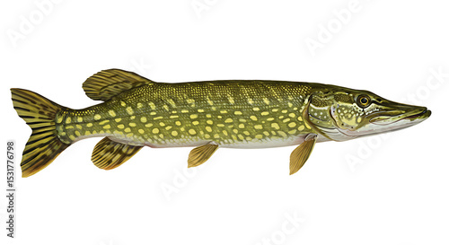 Detailed Illustration of a Northern Pike Fish with Spotted Pattern and Fins