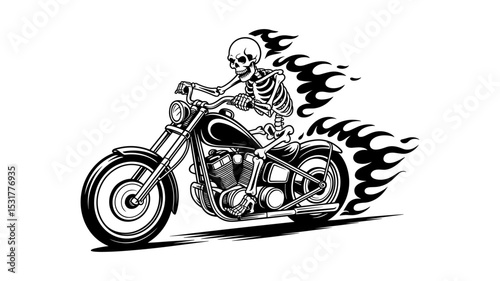 Skeleton Riding Chopper Motorcycle with Flaming Trail. Biker Skull Vector Illustration