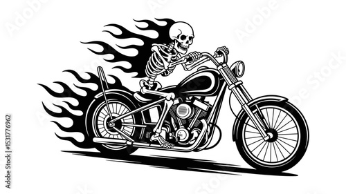 Skeleton Riding Chopper Motorcycle with Flaming Trail. Biker Skull Vector Illustration