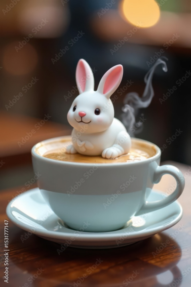 Fototapeta premium Tiny bunny marshmallow floats atop steaming coffee , drink photography, fun food, sweet