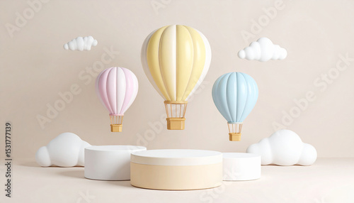Empty cylindrical podium for a lovely atmosphere product display with hot air balloon decorations.