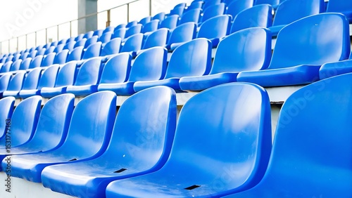 A close up view of rows of blue stadium seats in an outdoor setting with bright lighting overhead