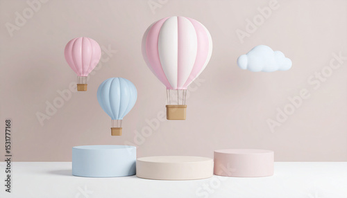 Empty cylindrical podium for a lovely atmosphere product display with hot air balloon decorations.