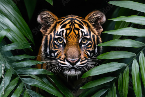 Intriguing Tiger in Lush Foliage: A captivating tiger emerges from a dense tangle of vibrant green leaves.