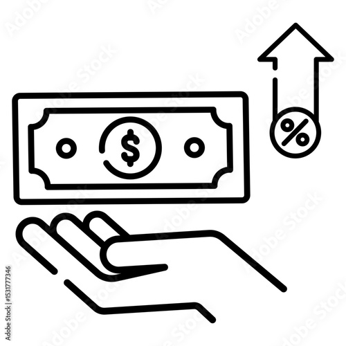 Made in uk hand holds dollar bill with upward arrow and percentage sign vector icon outline style.